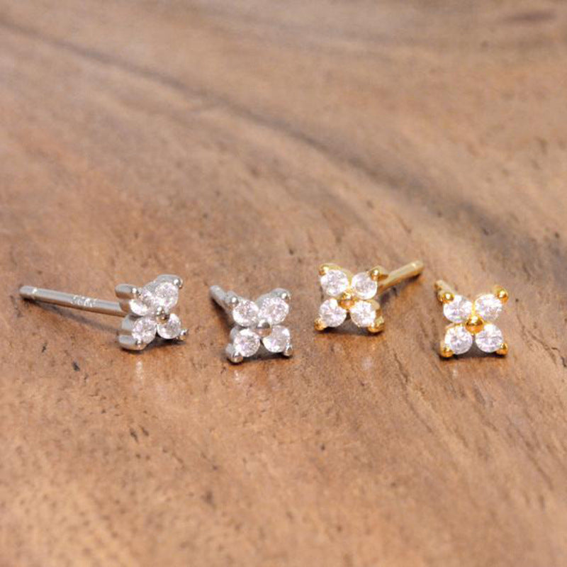 Vintage Floral Stud Earrings - S925 Solid Sterling Silver Zircon Ear Jewelry