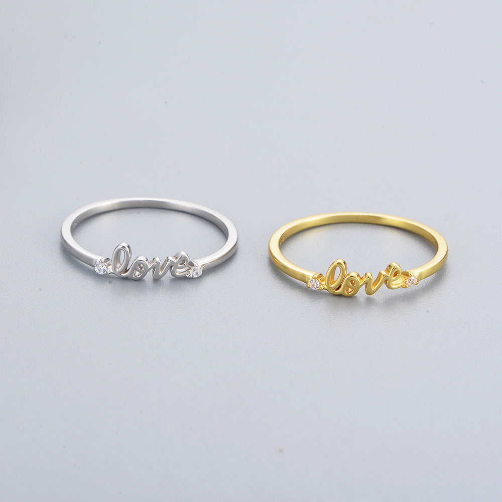 925 Sterling Silver LOVE Letter Ring, Sparkling Zirconia Band