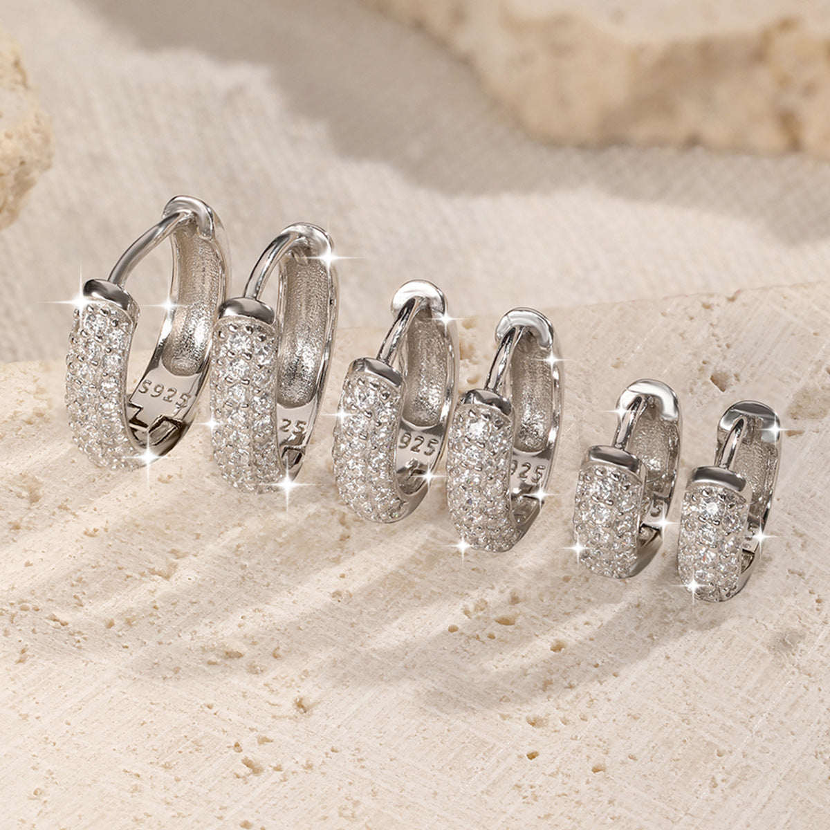 Triple Row Diamond Hoop Earrings - 925 Silver Retro Niche Jewelry