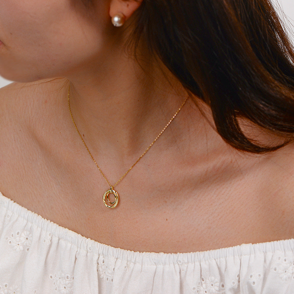 925 Sterling Silver Interlocking Double Circle Pave Zirconia Necklace, Vintage High-End Jewelry