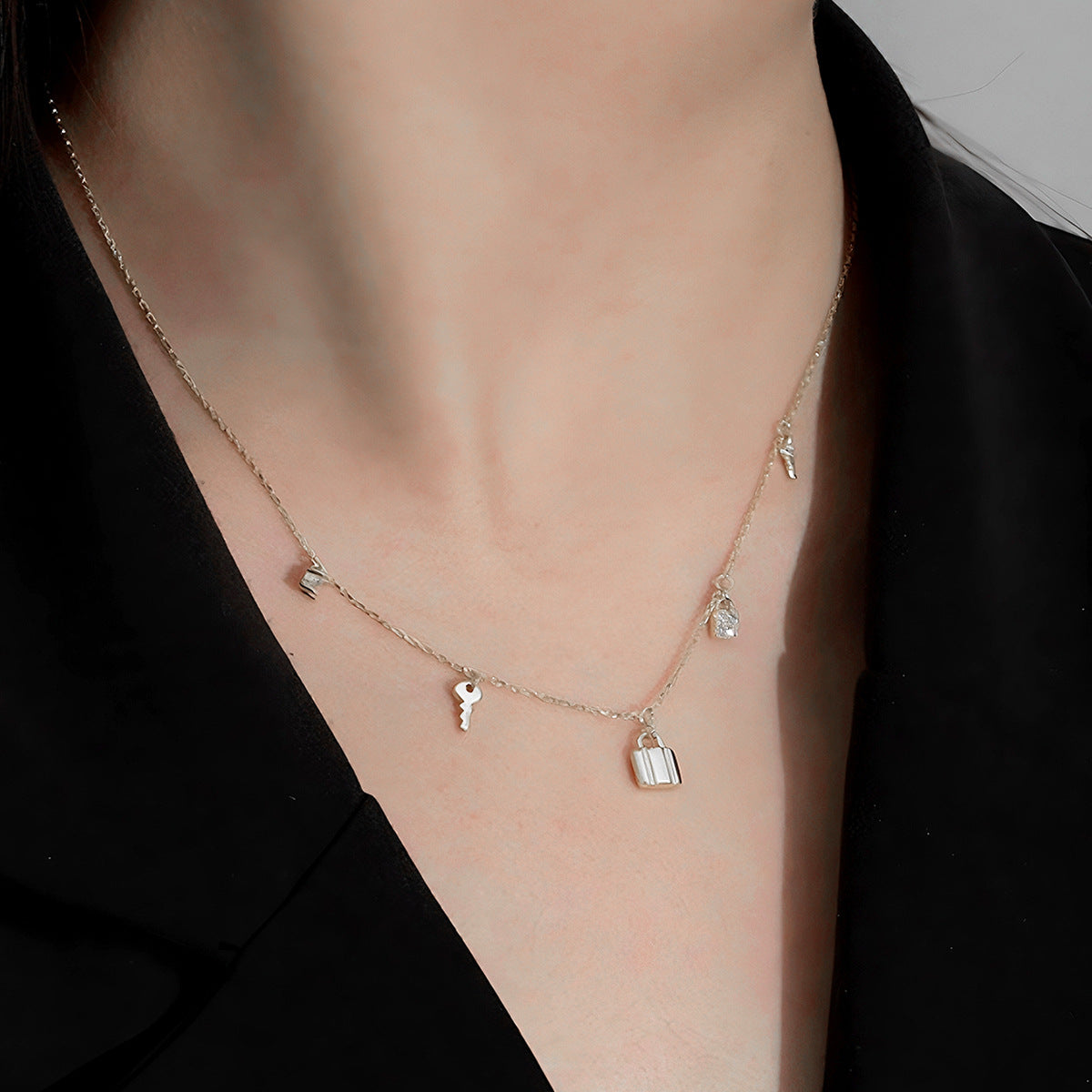 Key Lock Fringe Necklace - S925 Silver Sweet Cool Layered Choker