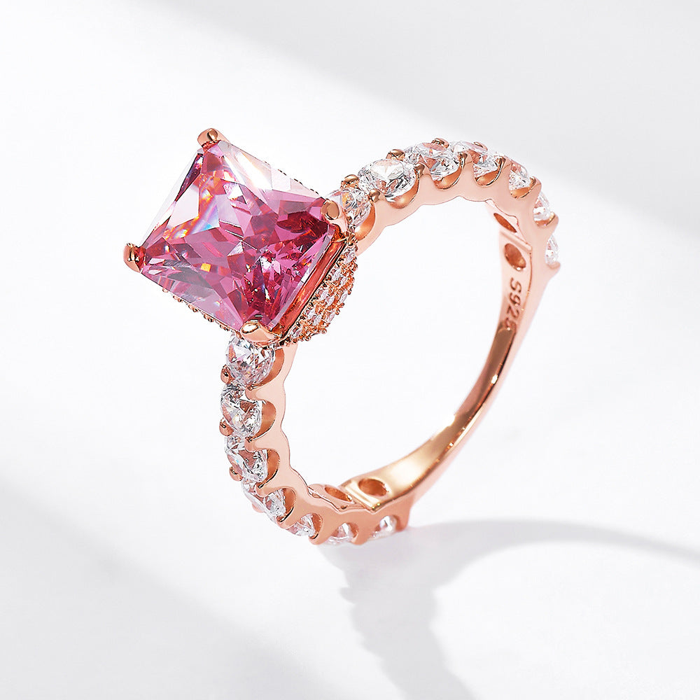 925 Sterling Silver Rose Gold Plated Full Pave Square Zirconia Ring, High-End Ins Style Luxury Jewelry