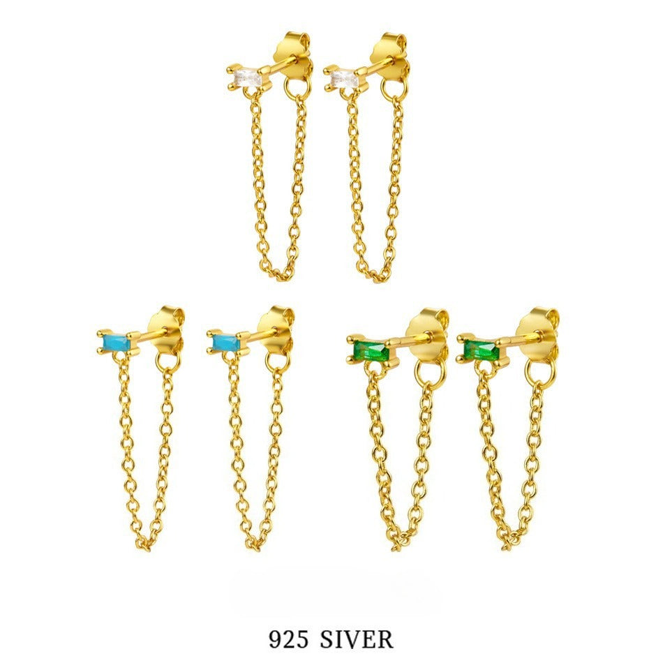 Square Zircon Fringe Earrings - S925 Silver Minimalist Niche