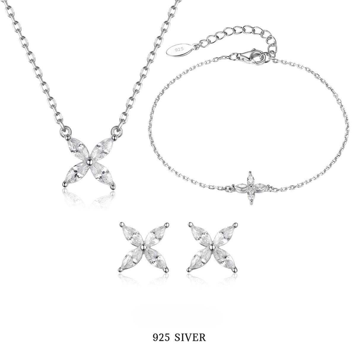 Butterfly Jewelry Set - 925 Silver Flower Pendant Necklace Bracelet
