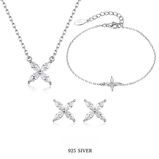 Butterfly Jewelry Set - 925 Silver Flower Pendant Necklace Bracelet