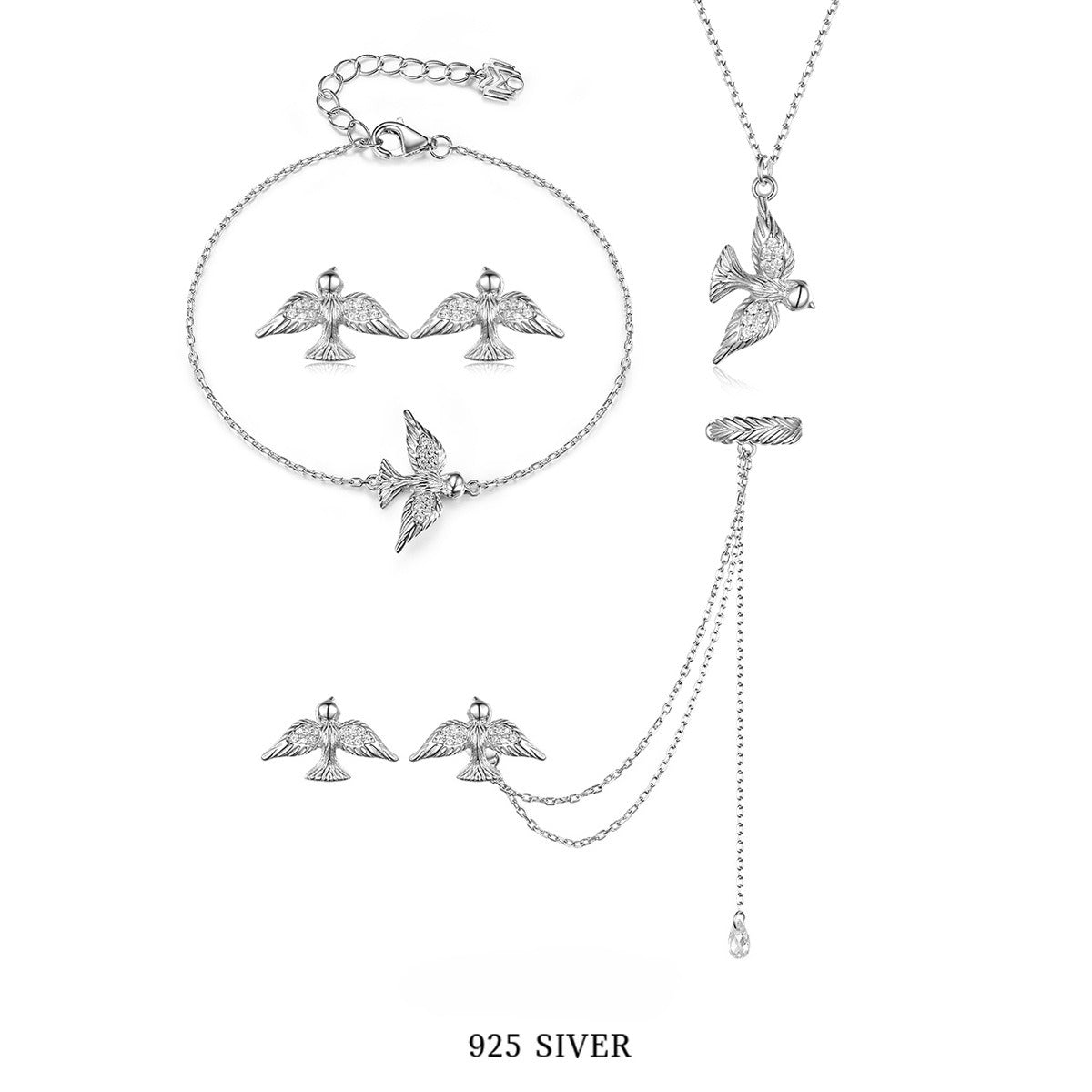 Dove Jewelry Set - 925 Sterling Silver Peace Pendant Necklace Bracelet