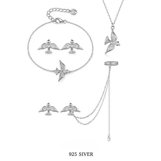 Dove Jewelry Set - 925 Sterling Silver Peace Pendant Necklace Bracelet